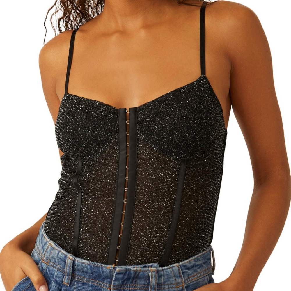 Free People | Black Corset detail Glitter Bodysuit